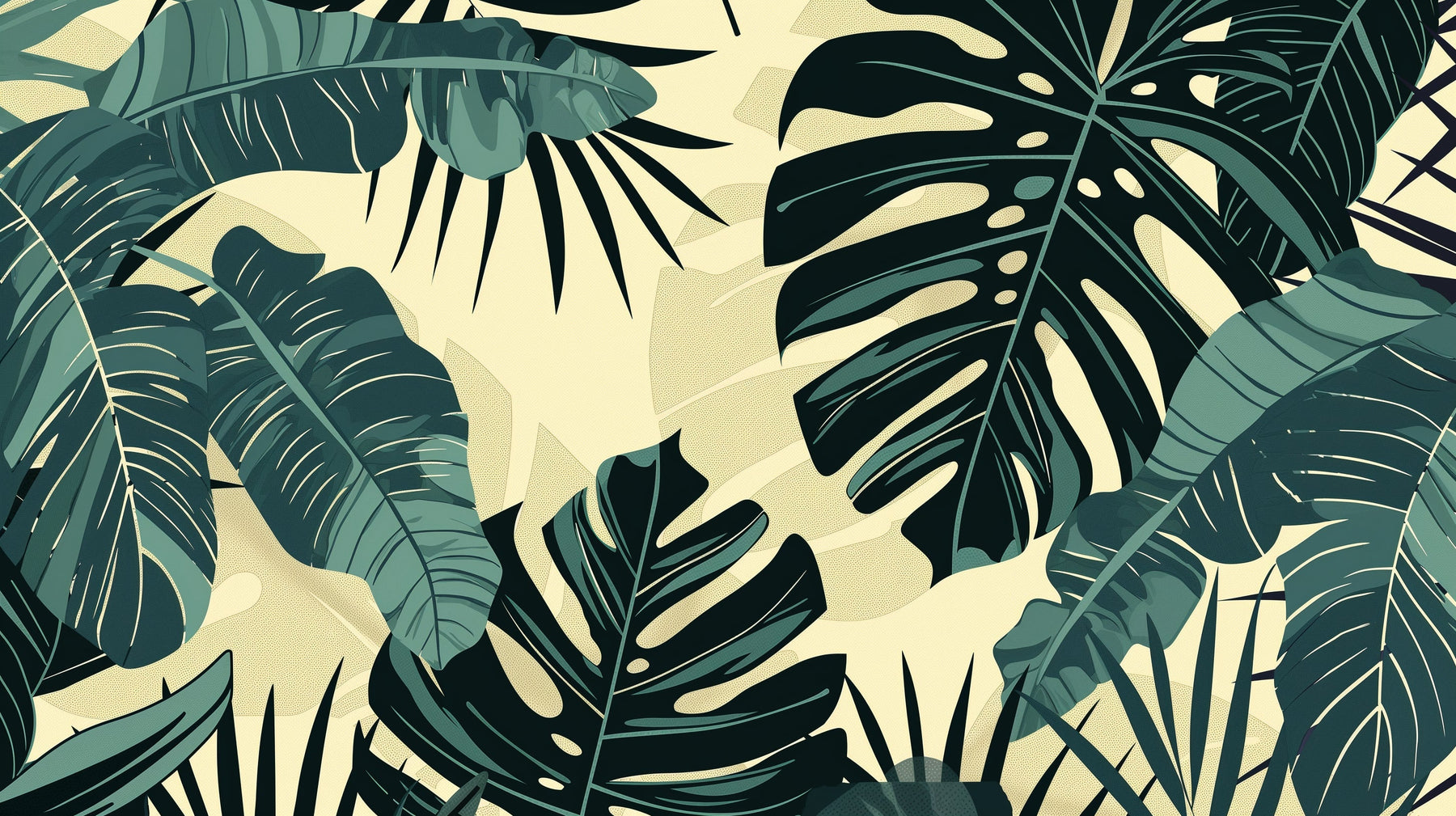 Detailed tropical foliage mural wallpaper design pattern with green leaves on beige by Kids-Mundo