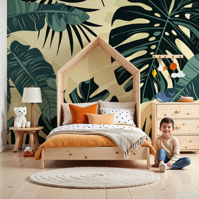 Tropical foliage mural wallpaper in modern nursery with natural wood furniture by Kids-Mundo