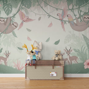 Children's tropical animal wallpaper creating jungle adventure theme in kids bedroom