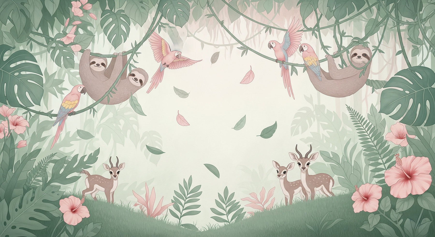 Detailed tropical forest mural wallpaper design pattern with sloths parrots and fawns by Kids-Mundo