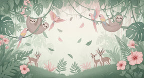 Detailed tropical forest mural wallpaper design pattern with sloths parrots and fawns by Kids-Mundo