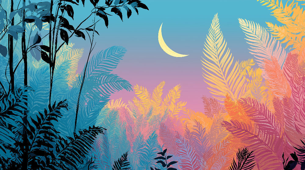Detailed tropical forest mural wallpaper design pattern with ferns and starry sky by Kids-Mundo