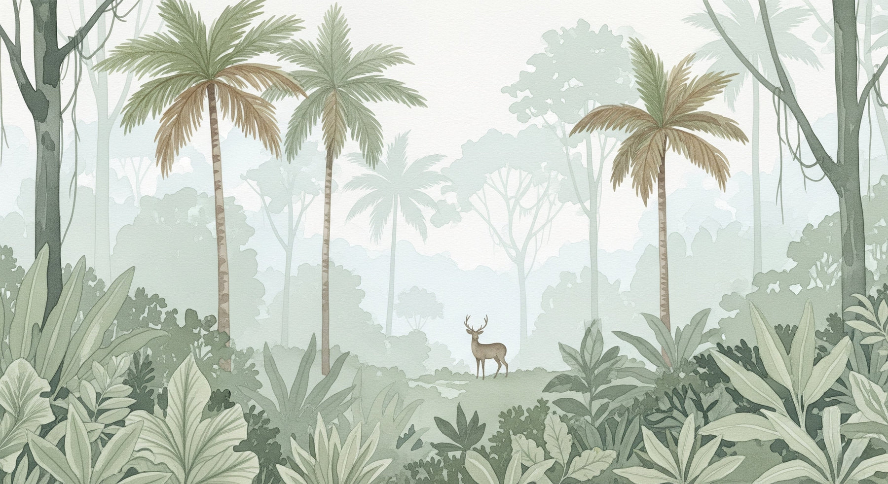 Detailed tropical forest mural wallpaper design pattern with deer and lush vegetation by Kids-Mundo