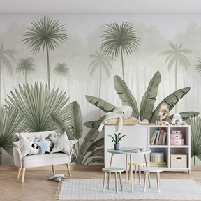 Green jungle wallpaper creating peaceful children's bedroom with botanical theme