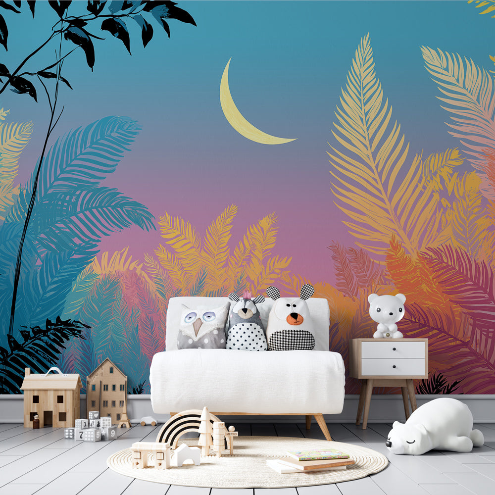 Moonlit tropical forest mural wallpaper with soft pastel colors for children's room decor