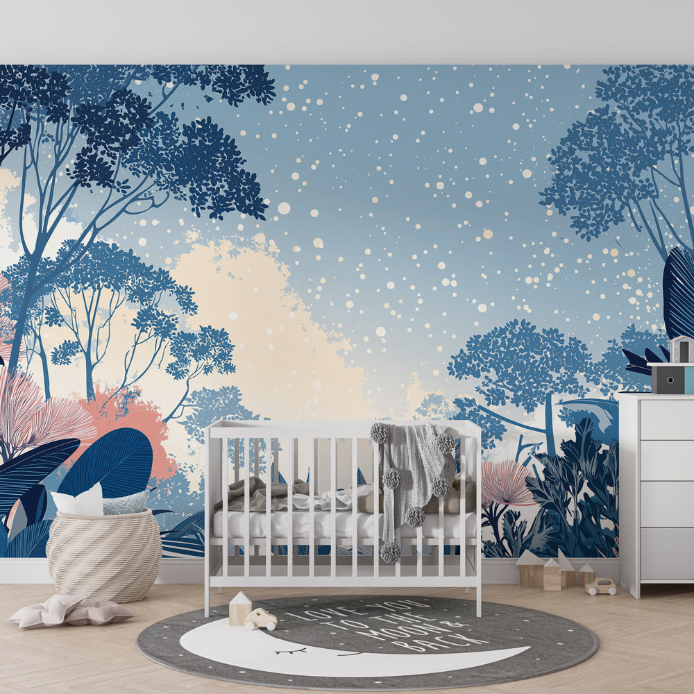 Night forest mural wallpaper transforming children's room into magical woodland sanctuary