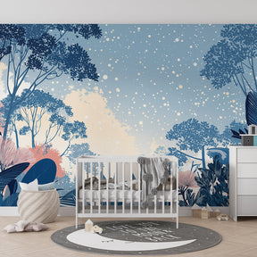 Night forest mural wallpaper transforming children's room into magical woodland sanctuary