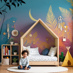 Tropical forest mural wallpaper with starry sky creating magical nursery atmosphere by Kids-Mundo