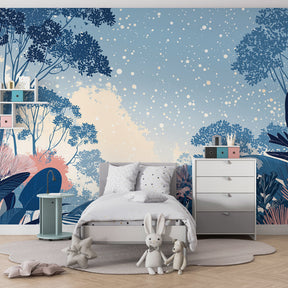 Starry tropical forest wallpaper creating dreamy nursery atmosphere with blue and pink tones