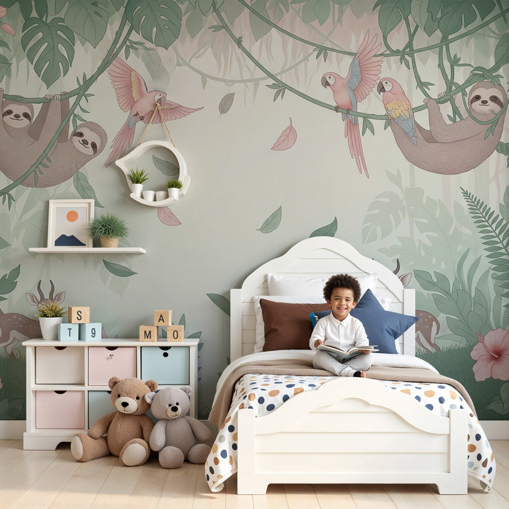 Tropical forest mural wallpaper with sloths and parrots in modern nursery by Kids-Mundo