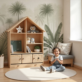 Tropical forest mural wallpaper in modern nursery with natural wood crib by Kids-Mundo