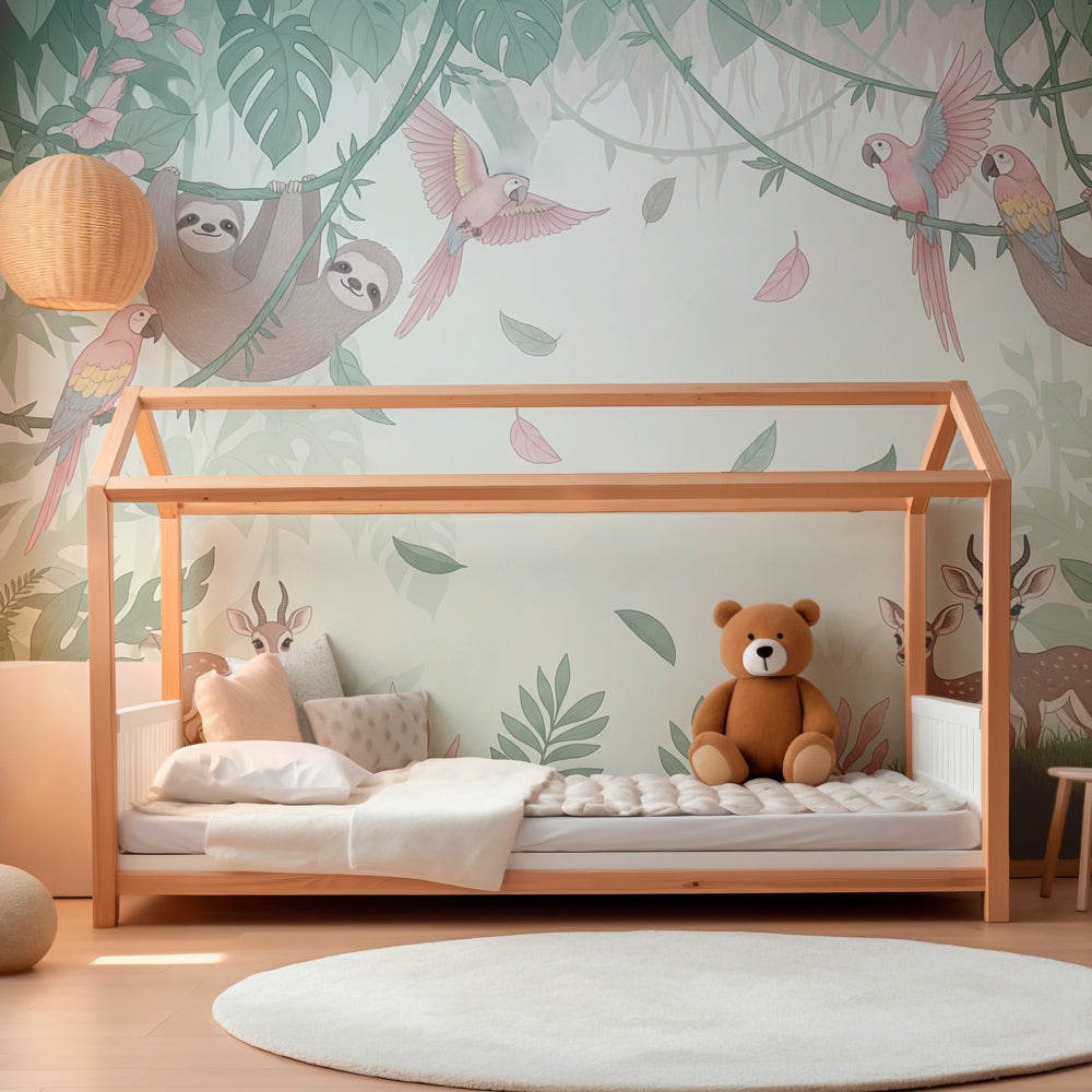 Jungle mural wallpaper featuring colorful parrots and gentle fawns in playroom setting