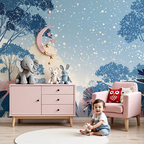 Tropical forest mural wallpaper with starry sky in modern kids bedroom by Kids-Mundo