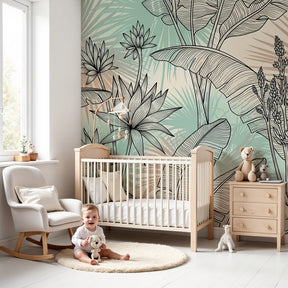 Tropical garden mural wallpaper with black botanical designs in modern nursery by Kids-Mundo