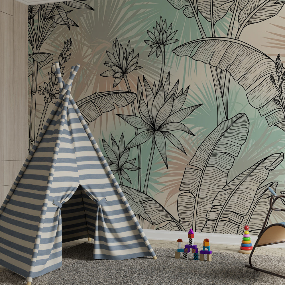 Hand-drawn tropical plants mural wallpaper transforming kids playroom into jungle sanctuary