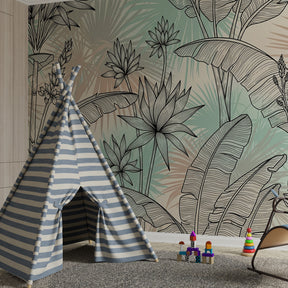 Hand-drawn tropical plants mural wallpaper transforming kids playroom into jungle sanctuary