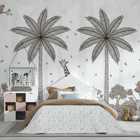 Jungle safari wallpaper with giraffe and palm trees in modern kids bedroom setting