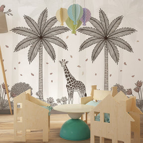 Nature-inspired giraffe wallpaper transforming children's room into tropical paradise