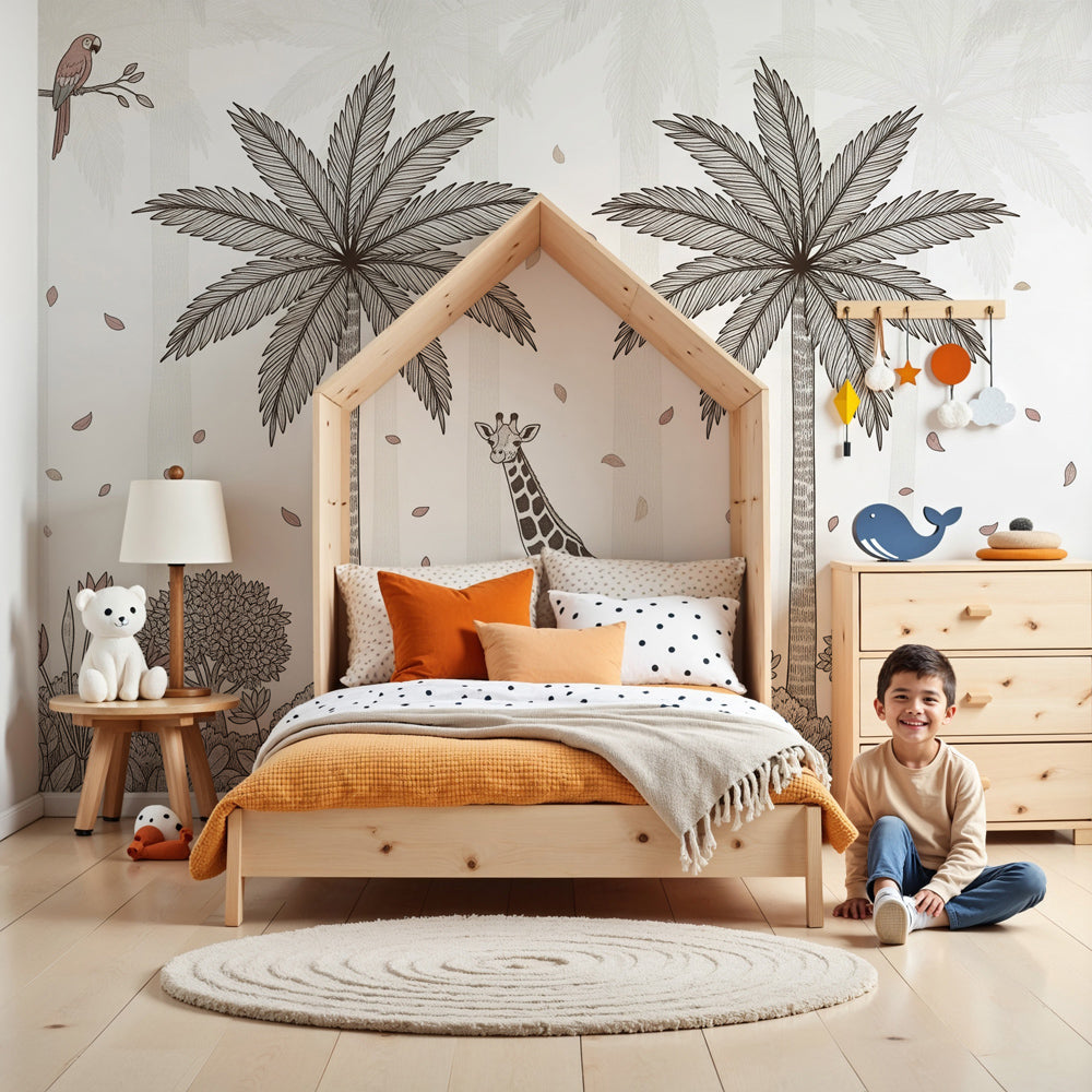 Tropical giraffe mural wallpaper creating safari-themed nursery decor by Kids-Mundo