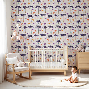 Tropical hearts mural wallpaper with colorful palm trees in modern nursery by Kids-Mundo