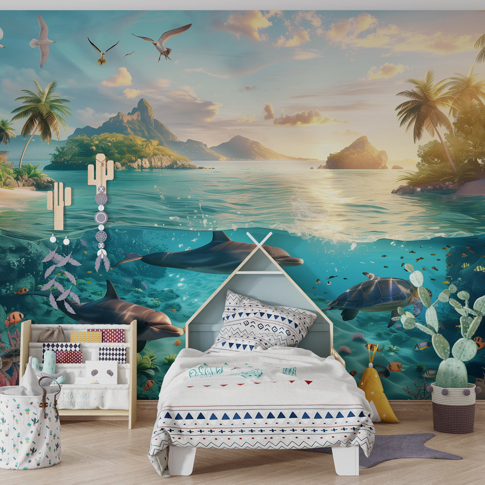 Ocean sunset wallpaper creating tropical atmosphere in children's bedroom with dolphins