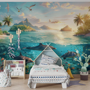 Ocean sunset wallpaper creating tropical atmosphere in children's bedroom with dolphins