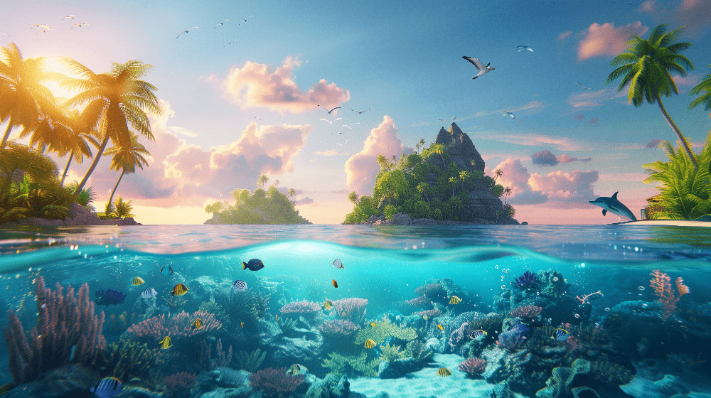 Detailed tropical island coral reef mural wallpaper design pattern by Kids-Mundo