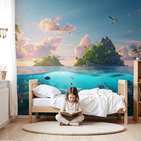 Tropical island mural wallpaper with colorful reef in bright nursery room by Kids-Mundo