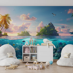 Sunny tropical island wallpaper with blue ocean theme in children's playroom