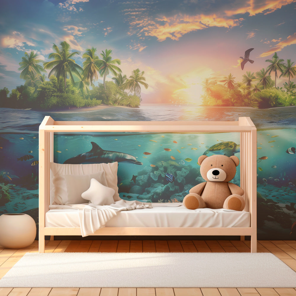 Kids-Mundo tropical island ocean wall mural above a bed in a child's bedroom