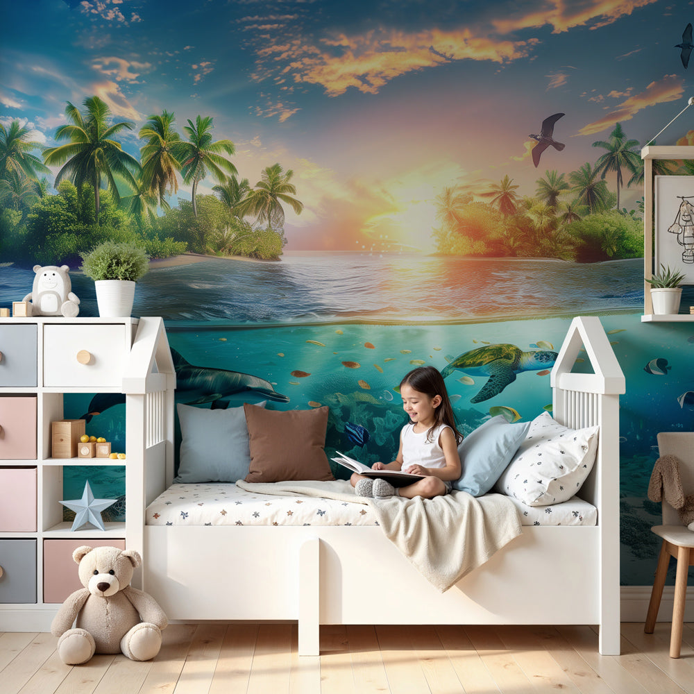 Kids-Mundo tropical island dolphin wall mural in a bright ocean-themed nursery