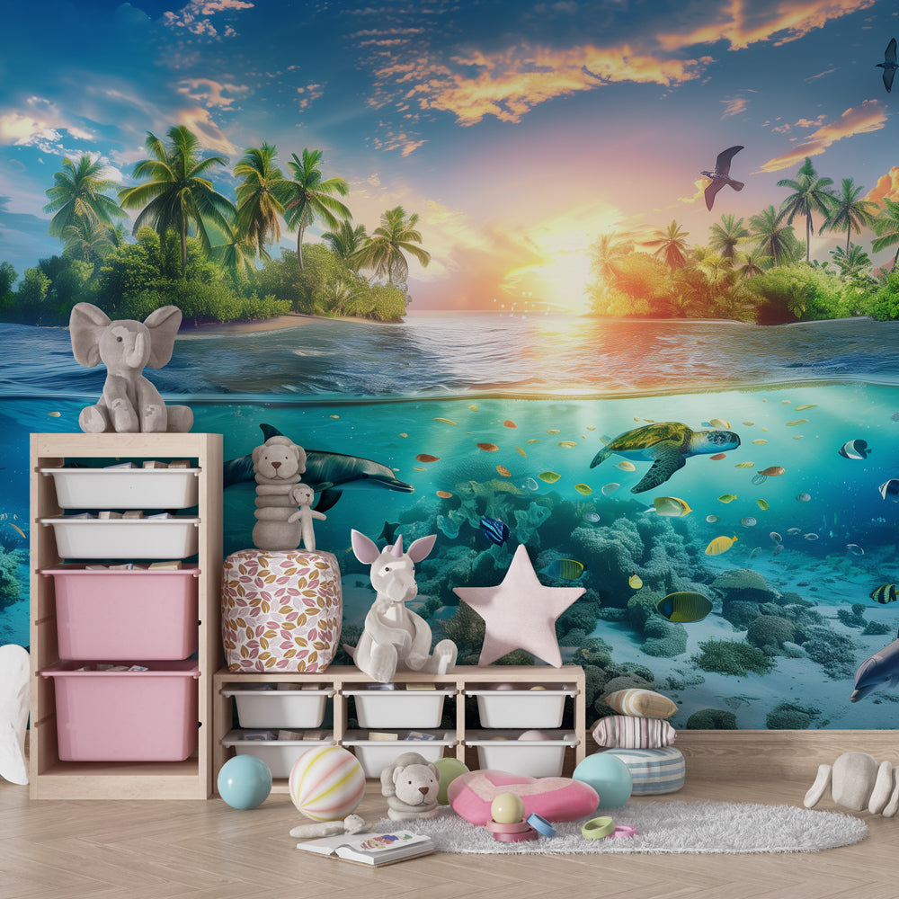 Kids-Mundo dolphin and island wall mural brightening a children's playroom