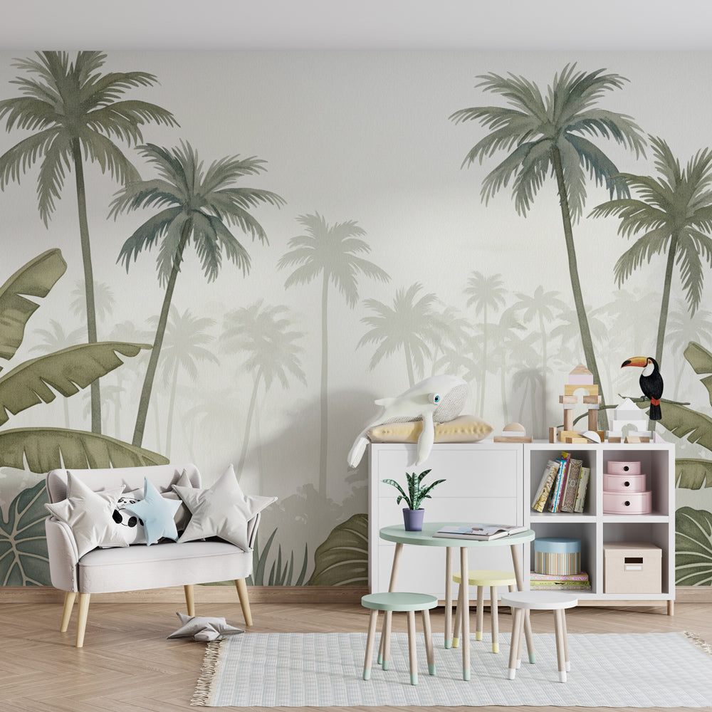 Jungle themed mural wallpaper creating adventure-filled kids bedroom with natural decor