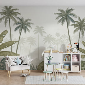 Jungle themed mural wallpaper creating adventure-filled kids bedroom with natural decor