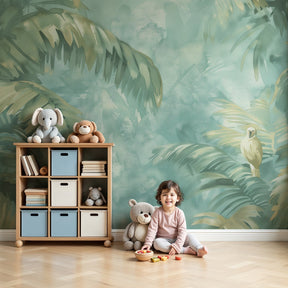 Tropical jungle watercolor mural wallpaper in modern nursery with natural wood furniture by Kids-Mundo