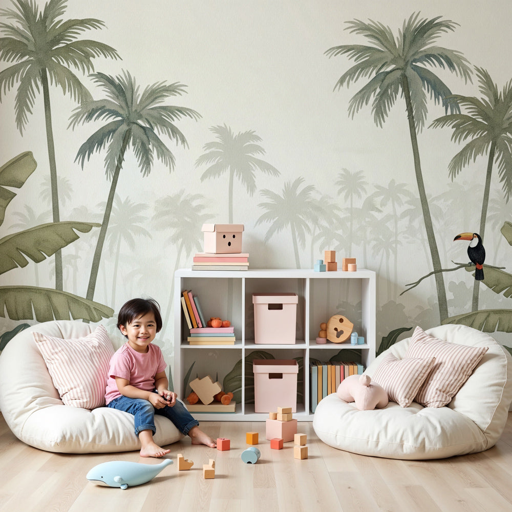 Tropical jungle mural wallpaper with toucan in modern nursery room by Kids-Mundo
