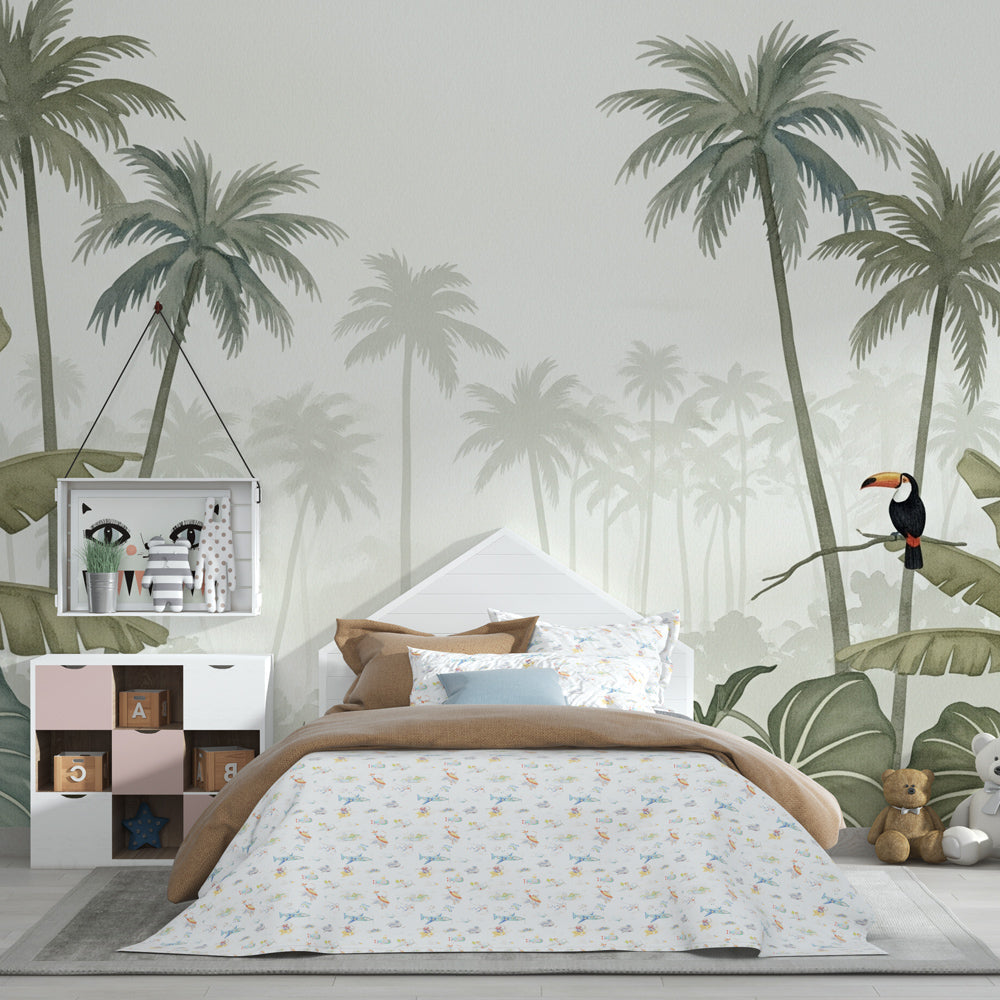 Toucan and palm tree wallpaper transforming children's playroom into tropical paradise