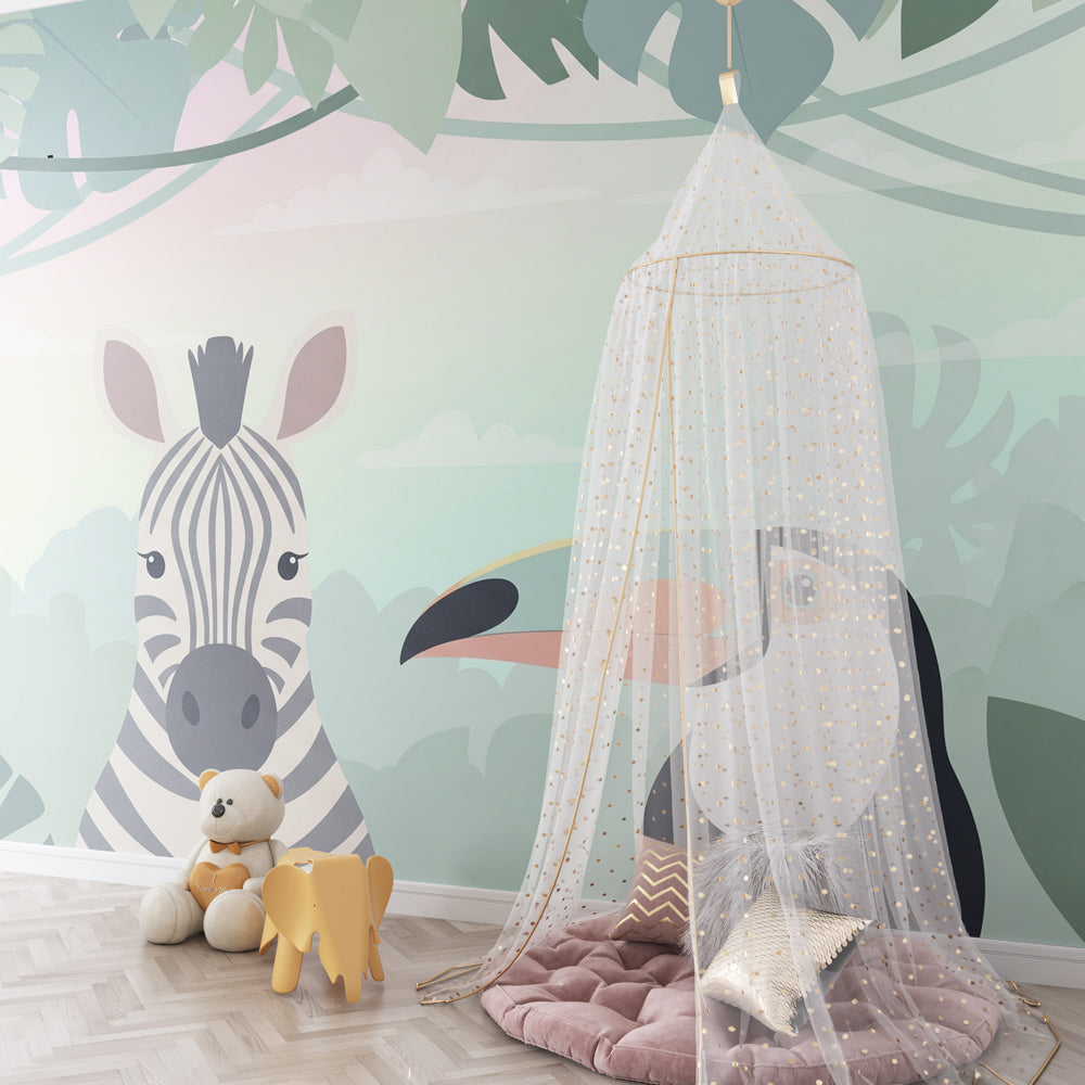 Colorful jungle wallpaper with friendly animals decorating kids playroom space