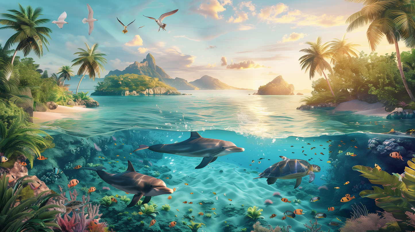 Kids-Mundo flat artwork preview of the tropical lagoon mural design with dolphins, sea turtle and palm islands