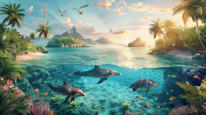 Kids-Mundo flat artwork preview of the tropical lagoon mural design with dolphins, sea turtle and palm islands
