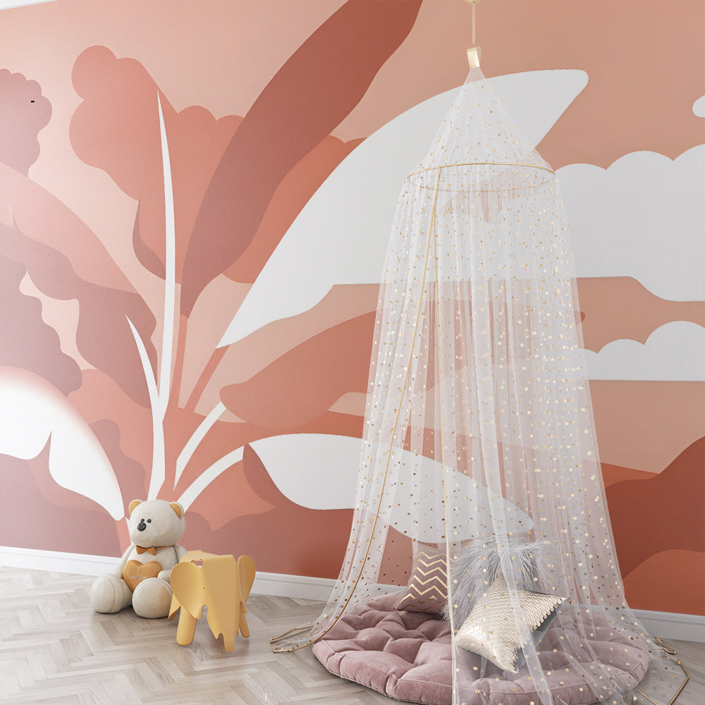 Kids-Mundo tropical landscape wall mural as a breezy feature wall in a kids' bedroom