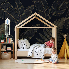 Tropical leaves mural wallpaper with golden foliage creating elegant kids bedroom decor by Kids-Mundo