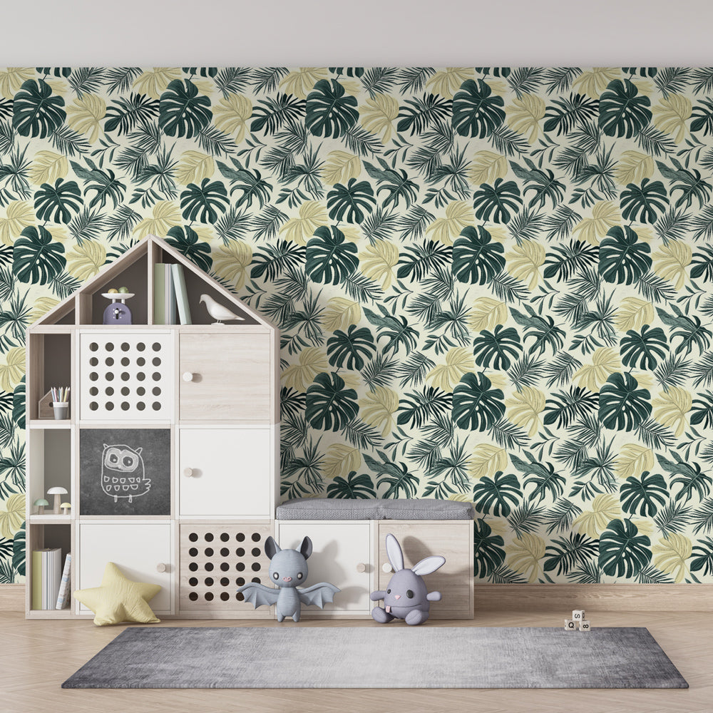 Green and gold tropical leaf wallpaper transforming kids bedroom into peaceful jungle retreat