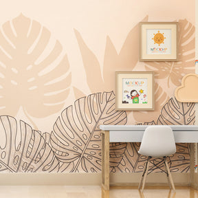 Beige tropical leaves wallpaper creating a calming kids bedroom atmosphere with natural decor