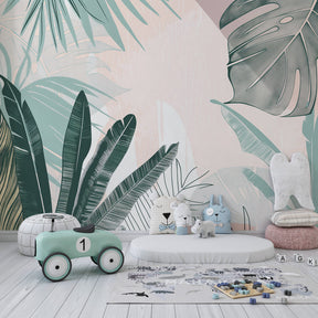 Pastel tropical botanical wallpaper creating serene kids bedroom atmosphere with natural decor