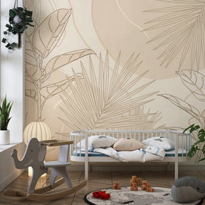 Minimalist tropical wallpaper with leaf patterns in modern kids bedroom setting