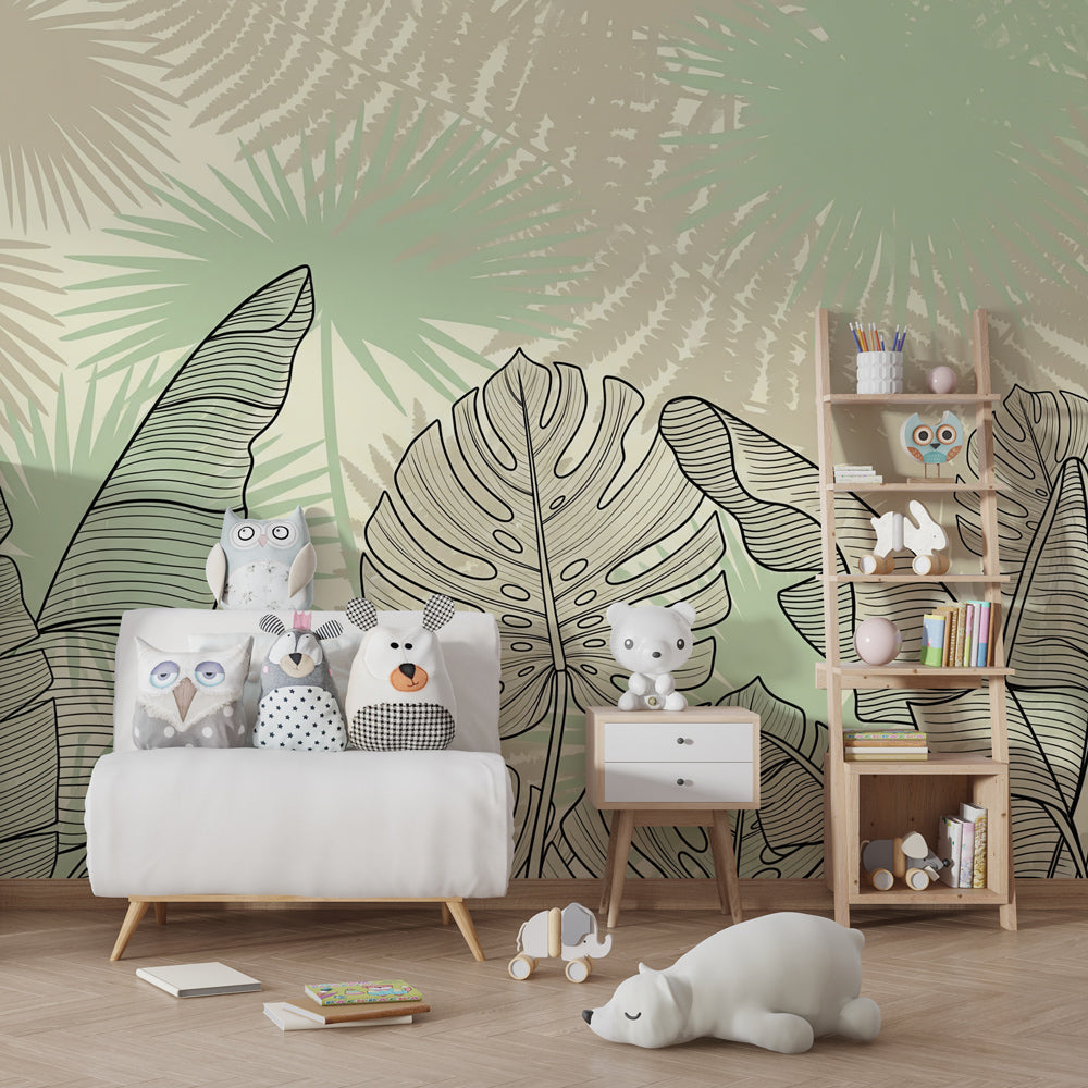 Green outline tropical leaves wallpaper in modern children's bedroom setting