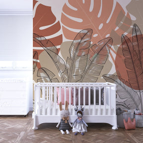 Botanical mural wallpaper featuring banana plant leaves in children's bedroom decor