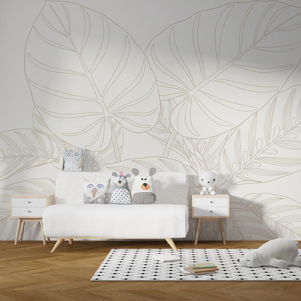 Delicate botanical line art wallpaper creating peaceful children's bedroom atmosphere