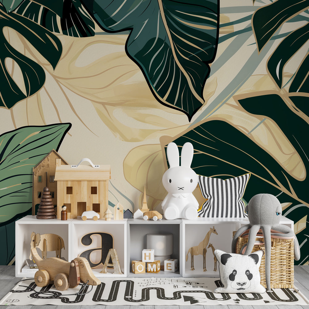 Lush green tropical wallpaper transforming modern kids bedroom into botanical paradise